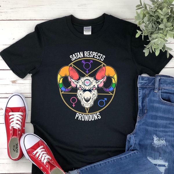 LGBTQ Flag Satan Respects Pronouns Nonbinary Genderqueer Spectrum Satanist Baphomet Goth Krampus T-Shirt | Hoodie | Sweater | Tank Top