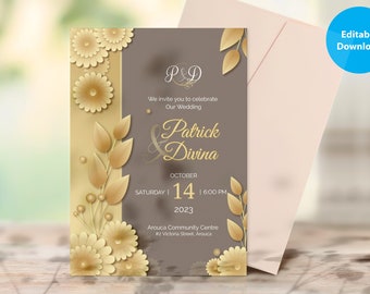 Gold Flowers and Leaves Invitation Template | Editable Wedding Invite Template | Jettemplate Editable | Print at Home Instant Download