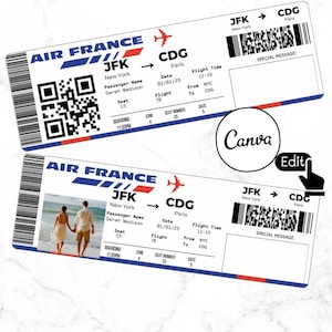 Editable Air France Airlines Ticket Template, Custom airline Ticket Printable DIY surprise airline Boarding pass, Gift Idea, Canva Template