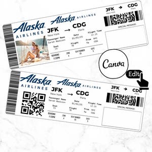 Editable Alaska Airlines Ticket Template, Custom airline Ticket Printable DIY surprise airline Boarding pass, Gift Idea, Canva Template