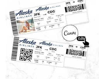 Editable Alaska Airlines Ticket Template, Custom airline Ticket Printable DIY surprise airline Boarding pass, Gift Idea, Canva Template