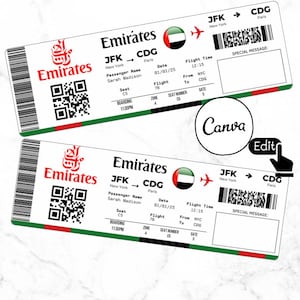 Editable Emirates airlines Ticket Template, Custom airline Ticket Printable DIY surprise airline Boarding pass, Gift Idea, Canva Template