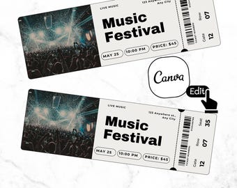May include: A black and white ticket for a music festival. The ticket has the text "Live Music Music Festival" and the date "May 25" with the time "10:00 PM". The price is listed as $45. The ticket also has a barcode and the text "Gate 12 Row 07 Seat 35".