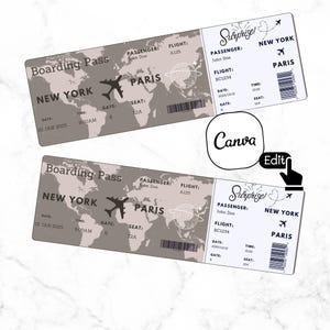 Editable travel Ticket Template, DIY airplane Ticket, Custom airline Ticket Gift,Surprise Printable Boarding pass Gift Idea, Canva Template