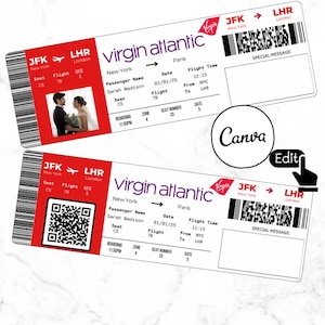 Editable Virgin Atlantic airlines Ticket Template, Custom Ticket Printable DIY surprise airline Boarding pass, Gift Idea, Canva Template