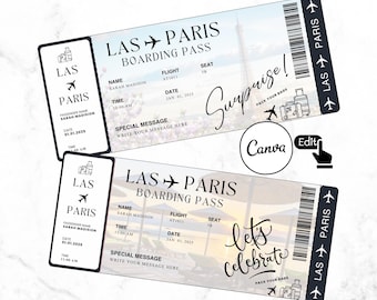 Peut inclure: Deux modèles de cartes d'embarquement imprimables pour un voyage de Las Vegas à Paris. Le premier modèle présente une photo de la tour Eiffel et le texte "Surprise !". Le deuxième modèle présente une photo de scène de plage et le texte "Célébrons !". Les deux modèles incluent le texte "Carte d'embarquement Las Vegas à Paris" et un espace pour le nom du passager, le numéro de vol, le numéro de siège, la date, l'heure et un message spécial.