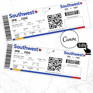 Editable Southwest travel Ticket Template, Custom airline Ticket Gift Printable, surprise airline Boarding pass, Gift Idea, Canva Template