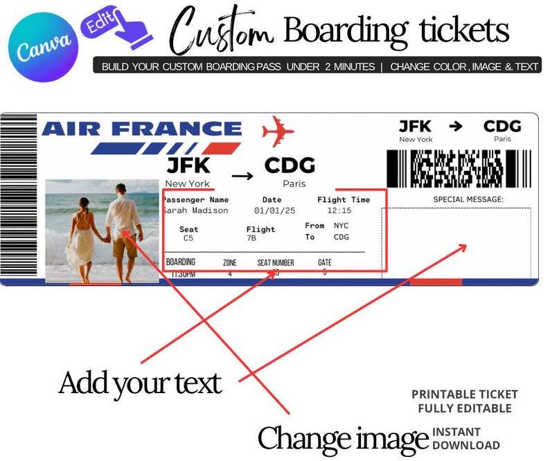 Ticket Modify Design Editable Air France Airlines Ticket Template, Custom Airline Ticket ...