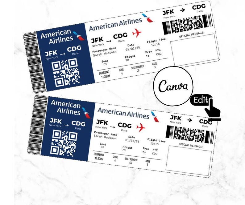 Editable American Airlines Ticket Template, Custom Airline AA Ticket ...
