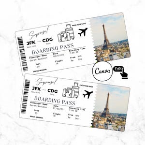 Editable travel Ticket Template, DIY airplane Ticket, Custom airline Ticket Gift,Surprise Printable Boarding pass Gift Idea, Canva Template