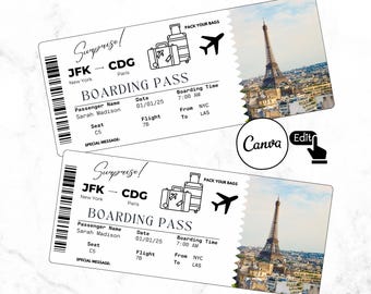 Editable travel Ticket Template, DIY airplane Ticket, Custom airline Ticket Gift,Surprise Printable Boarding pass Gift Idea, Canva Template