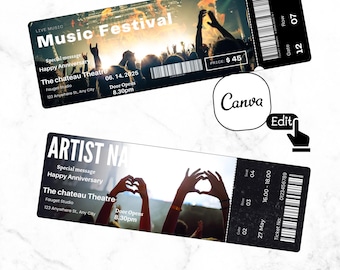 May include: Two black and white ticket stubs for a music festival. The top ticket reads "Music Festival" and the bottom ticket reads "ARTIST NA". Both tickets feature the text "Special message Happy Anniversary" and "The chateau Theatre". The top ticket has a price of $45 and the bottom ticket has a ticket number of 0123456789.