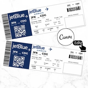 Editable JetBlue travel Ticket Template, Custom airline Ticket Gift Printable DIY, surprise airline Boarding pass, Gift Idea, Canva Template
