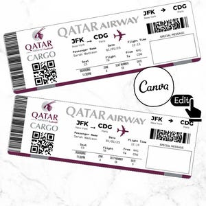 Editable QATAR Airways Ticket Template, Custom airline Ticket Printable DIY surprise airline Boarding pass, Gift Idea, Canva Template