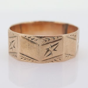 14k Wide LEAF Ornate engraved band. 14k Rose Gold  Vintage Victorian Cigar band leaf design. 6mm sz4 st(100)