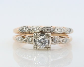Art Deco Engagement Wedding Diamond Ring Set. Antique DELICATE Wedding Ring Set. 14k Multi-Tone with a Diamond.  st(138)