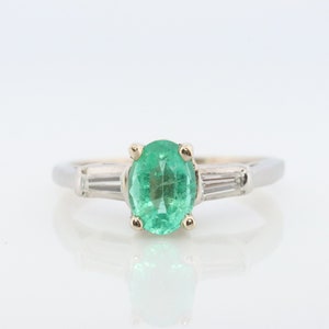 14k Oval Emerald and Baguette diamond ring. 14k white gold Green Emerald solitaire. image 1