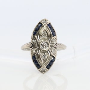 Antique Shield daisy ring. 18k diamond and sapphire shield ring. 18k Art Deco  diamond filigree signet flower ring. st(245)