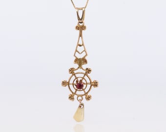 Art Nouveau Ruby and Pearl seed Buttercup 10k gold Lavaliere