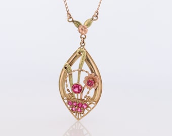 Antique Victorian Lavaliere Pendant Necklace. 10k Rose and Yellow Gold with Rubies. Early 1900s Large Rubies Pendant.