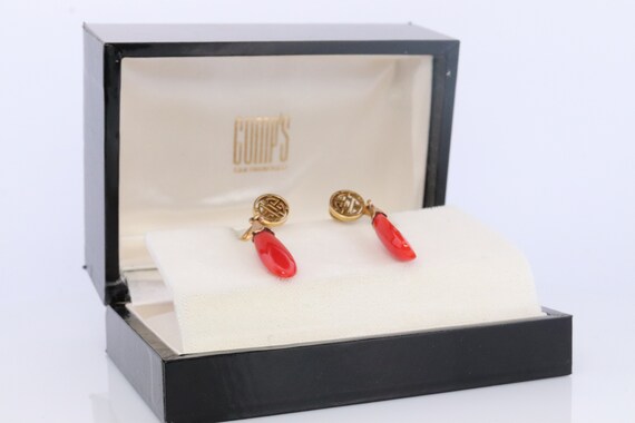 GUMP'S Coral Earrings. 14k Carved Coral Dangle Na… - image 3