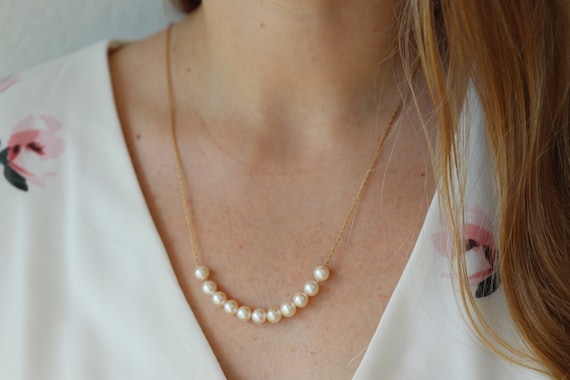 14k Akoya Pearl Necklace. Long Station Pearl Chai… - image 2