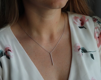 MIKIMOTO Necklace. 18k White gold Mikimoto Diamond Bar pendant. 18k White Minimalist Mikimoto Piece.