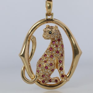 18k Panther Leopard Jaguar Cheetah Ruby Pendant. Encrusted Rubies and Diamonds.