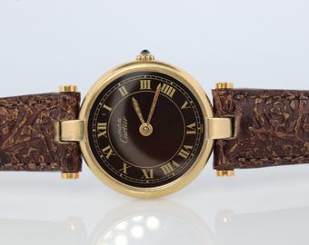 Genuine Cartier Watch. Must De Cartier Vendome Round Argent Vermeil Brown Ladies