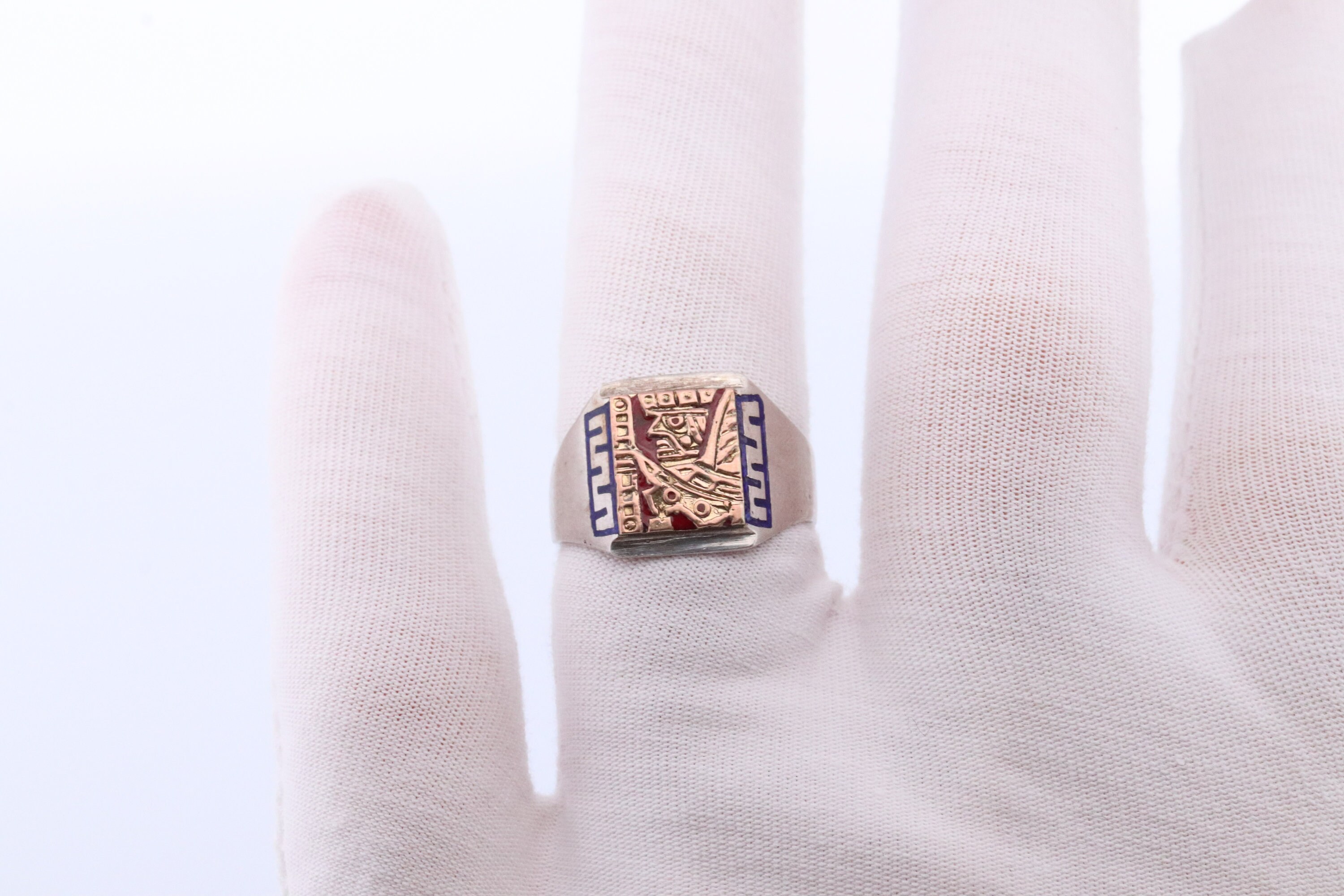 18k Heavy Signet Ring. Aztec Mayan or Inca With Warrior Head Chief Bust ...