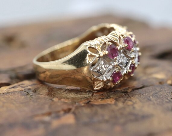 14k Ruby and Diamond Wide Cluster Filigree ring. … - image 3