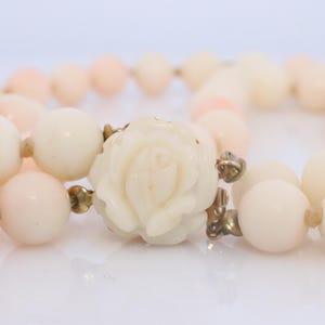 14k Coral Carved Angel Skin Salmon Bead Necklace. Two Strand Peach White Coral