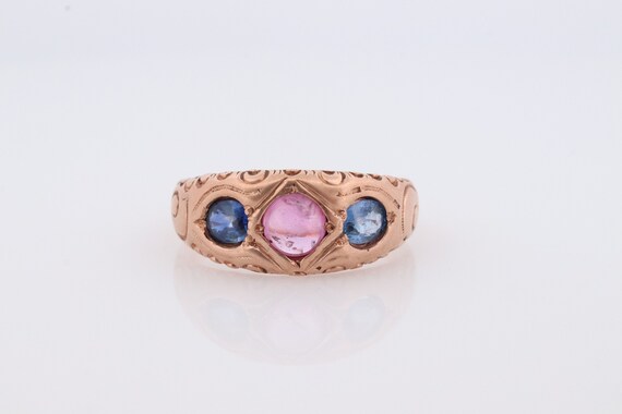 Antique 10k Triple Ruby Sapphire signet ring. Gyp… - image 1