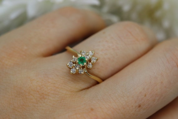 14k Emerald and Diamond Halo yellow gold ring. Em… - image 1