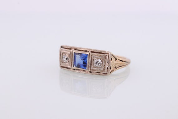 Antique trilogy ring. 14k three diamond and sapphire shield ring. 14k Art Deco trio triple diamond princess sapphire signet ring. st(161)