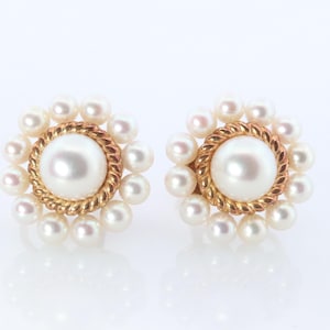 Mikimoto Earrings. 14k Gold Mikimoto Pearl Halo Cluster Clip Ons. Unpierced