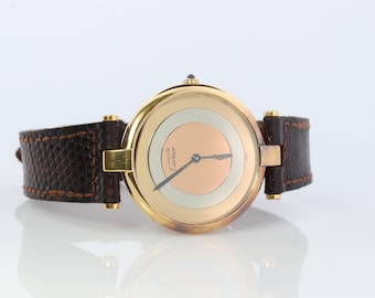 Vintage Must de Cartier Large Vendome Trinity Watch. ARGENT Cartier 925 Vermeil Quartz Ardent ROUND Swiss Made. Triple, Three tone Cartier.