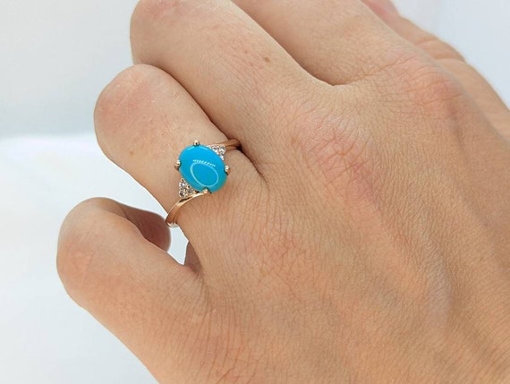 10k Large Turquoise Cabochon and Diamond Ring. 14… - image 3
