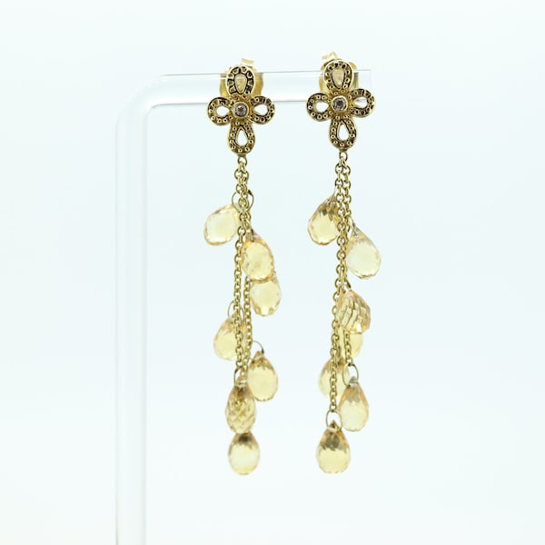 18k Citrine Diamond Dangle Earrings. 18k Diamond Flower mult-gem dangle drop earrings. TEAR Gem strand st(219)
