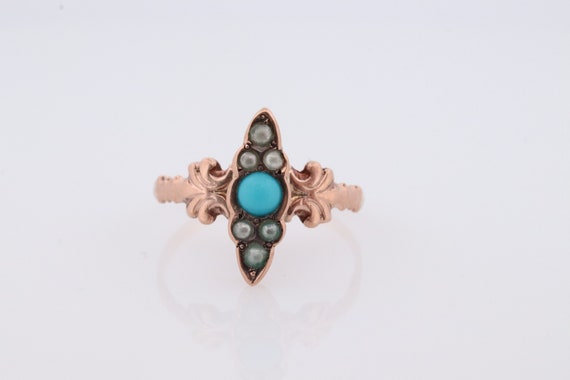 Victorian 10k Turquoise Cabochon and Pearl Seed R… - image 1