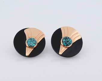 14k 彫刻オニキス ラウンド イヤリング。14k オニキスとターコイズのベゼル セット イヤリング。st(47)
