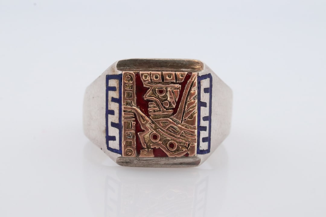 18k Heavy Signet Ring. Aztec Mayan or Inca With Warrior Head Chief Bust ...