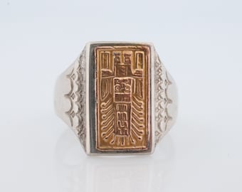 18k Heavy Signet ring. Aztec Mayan or Inca with Warrior Head Chief Bust. Red Enamel 18k Embossed coin Sterling Silver band