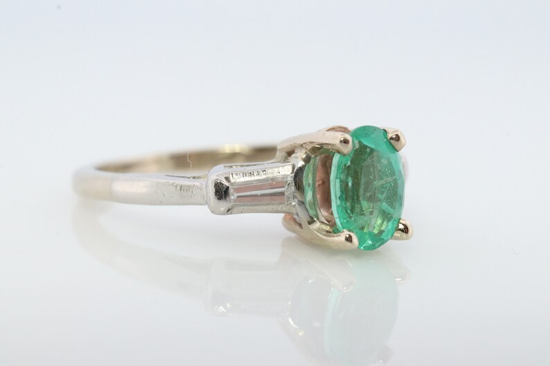 14k Oval Emerald and Baguette diamond ring. 14k white gold Green Emerald solitaire. image 2