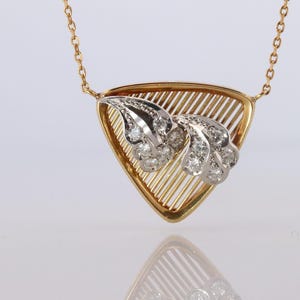 Mikimoto Pendant. Vintage 18k Yg and Pt900 Mikimoto Diamond Shield Necklace