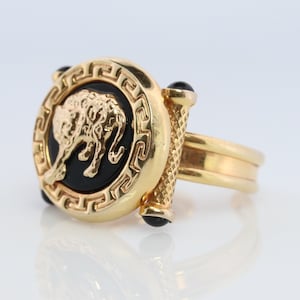 14k Panther Leopard Jaguar Cheetah Onyx ring. Etruscan Revival Onyx Adjustable Ring.