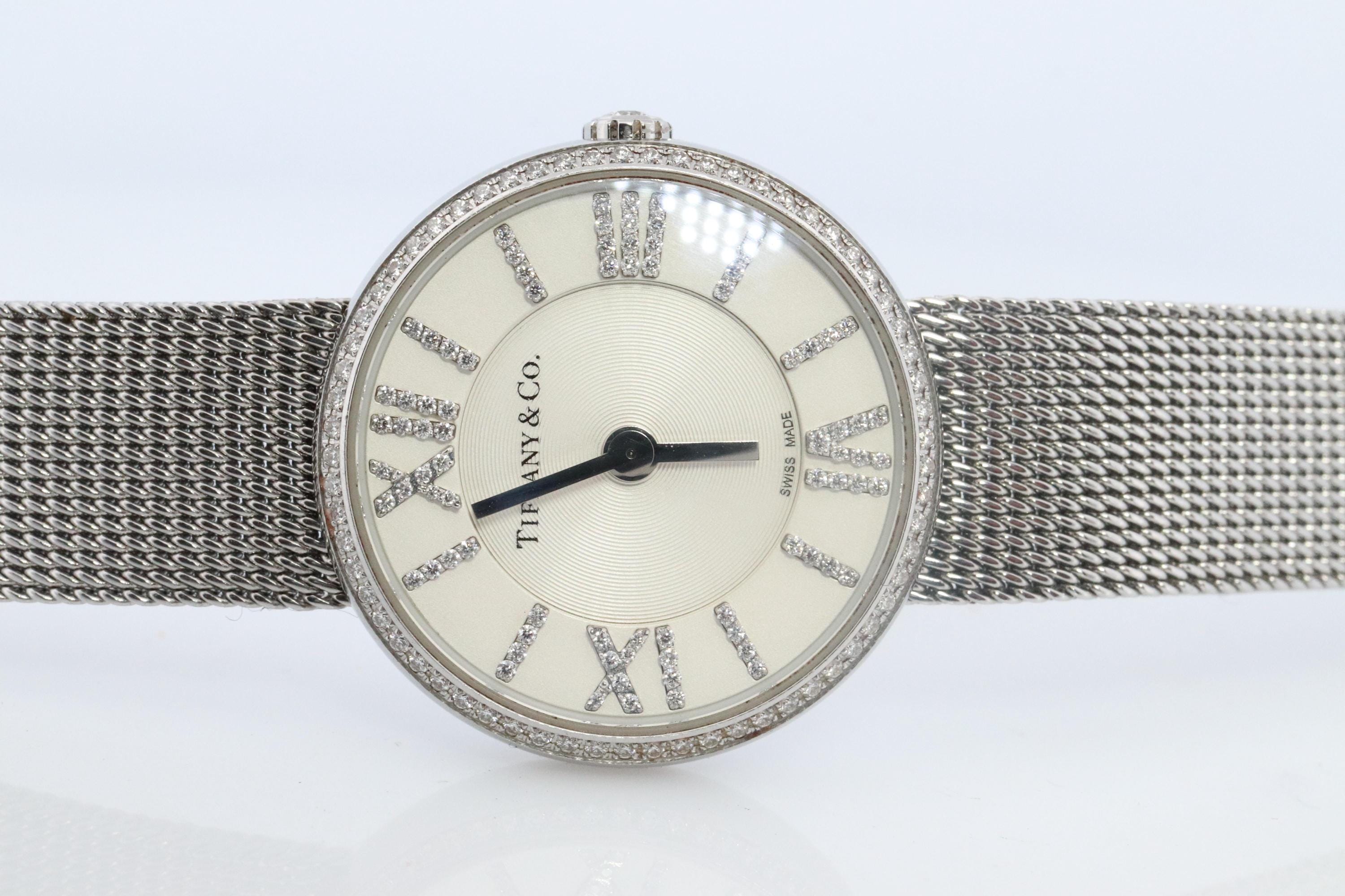 Ladies Tiffany & Co ATLAS WATCH 14K White Gold Diamonds Black Leather Band $24,000 Tiffany & Co 36mm Atlas Pave Diamond 18k White Gold  main image 2