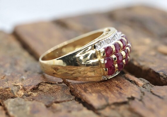 14k Ruby and Diamond Wide Cluster Encrusted Ring. 14k Yellow Gold