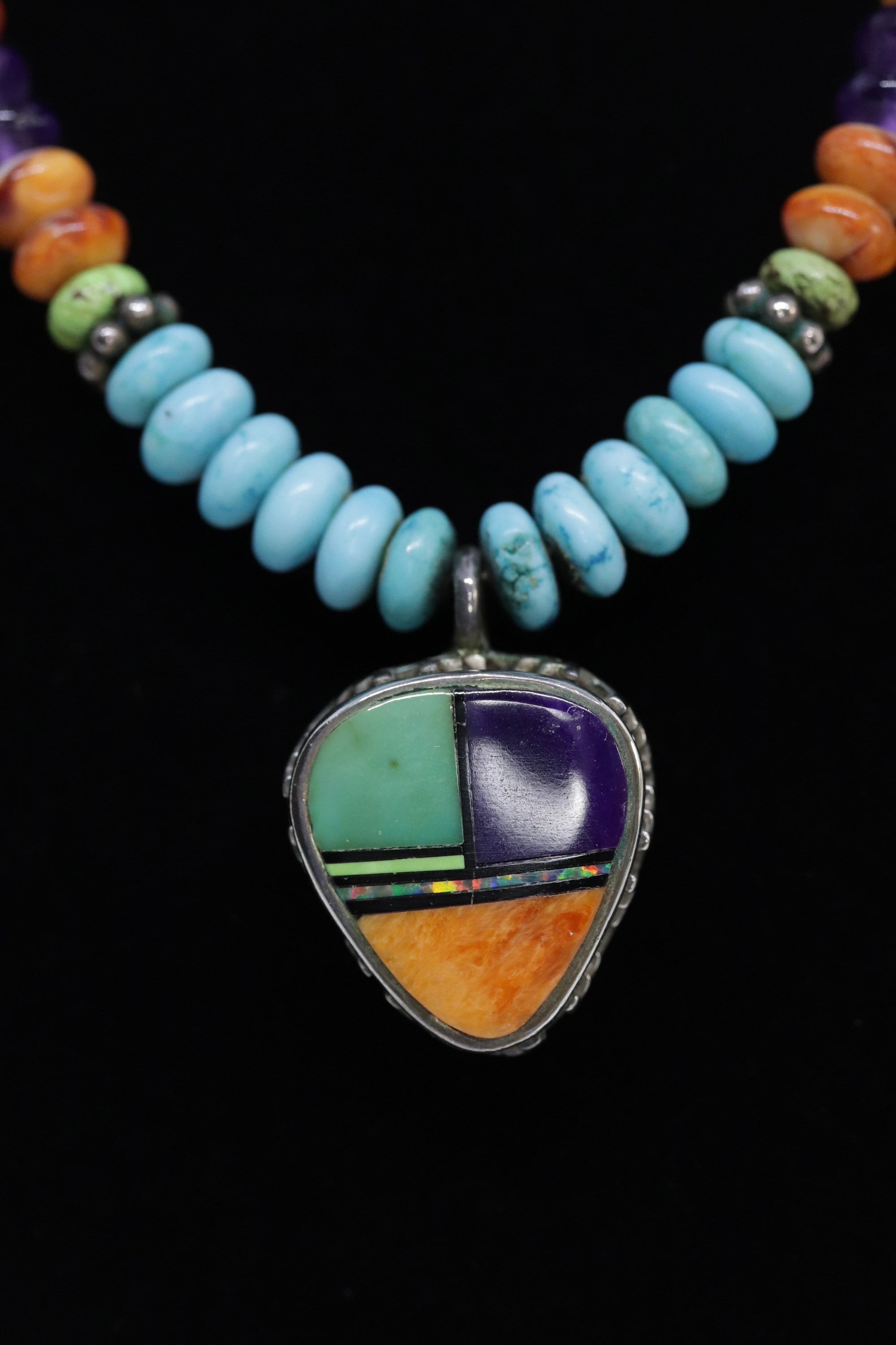 vintage | handcrafted southwestern engraved navajo faux turquoise pendant inlay Signed Navajo Inlay Pendant With Turquoise, Lapis and Coral  main image 3