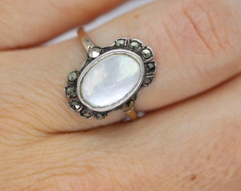 Victorian MOP Set ring. Antique 8k Gold and Sterling Silver with Mother of Pearl and Marcasite Halo ring. st(93)